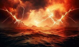 AI generated Fiery thunderstorm over the sea. Thunderstorm and lightning in the night sky. photo