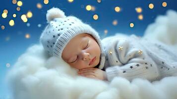 AI generated Cute baby in a hat sleeping peacefully on a cloud with stars sky background. AI generated illustration. photo