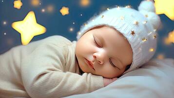 AI generated Cute baby sleeping peacefully on a starry sky background. AI generated illustration. photo