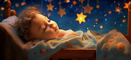 ai generado hermosa bebé dormido en un cuna debajo el estrellas. ai generado ilustración. foto