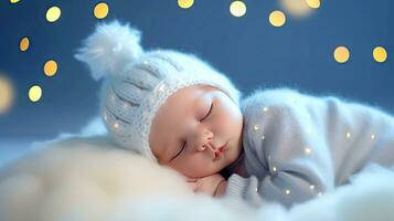 AI generated Beautiful baby sleeping peacefully on a starry sky background. AI generated illustration. photo