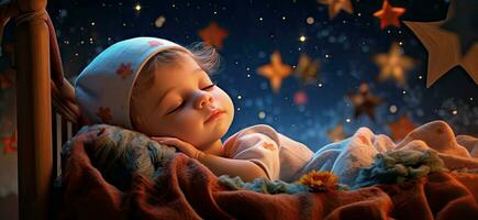 AI generated Cute little girl sleeping in a crib on the night starry sky background. AI generated illustration. photo