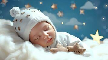 AI generated Sleeping baby in a hat on a starry sky background. AI generated illustration. photo