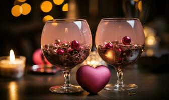 AI generated Glasses with delicious raspberry dessert on table in room decorated with lights photo