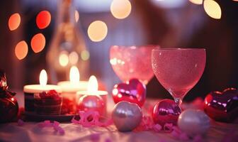 ai generado San Valentín día antecedentes con dos lentes de vino, velas y corazones foto