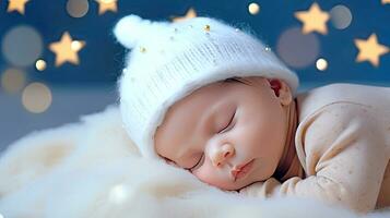 AI generated Beautiful baby in a white hat sleeping peacefully on a starry sky background. AI generated illustration. photo