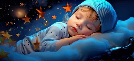 AI generated Cute little baby sleeping in a crib on the night starry sky background. AI generated illustration. photo