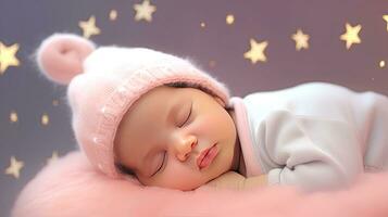 AI generated Cute newborn baby sleeping next to starry sky. AI generated illustration. photo