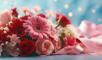 AI generated Bouquet of red and pink flowers with ribbon on blue background. Gerberas and roses. Copy space. Bokeh lights. photo