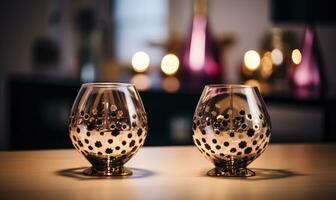 AI generated Two wineglasses on a table in a restaurant with candles in the background photo