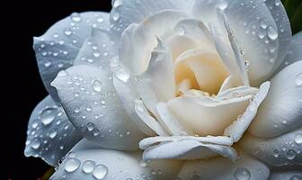 AI generated Beautiful white rose with water drops on black background. Macro. photo