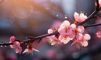 AI generated Blossoming branch of peach in the rays of the setting sun photo