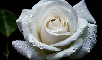 ai generado hermosa blanco Rosa con agua gotas en pétalos de cerca foto