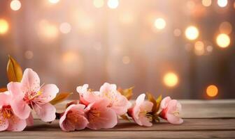 AI generated Blossoming branch of peach on a wooden background with copy space photo