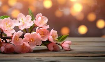 AI generated peach blossom on wooden table with bokeh light background photo
