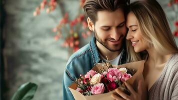 ai generado hermosa enamorado hombre y mujer con flores y regalo caja. contento Pareja en San Valentín día foto