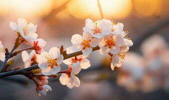 AI generated Blossoming branch of peach in the rays of the setting sun photo