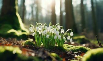 AI generated Beautiful snowdrop flowers growing in forest, closeup. Early spring. Selective focus, bokeh light photo