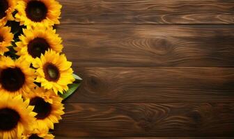 AI generated Sunflowers on wooden background. Top view with copy space. photo
