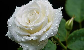 AI generated White rose with water droplets on petals on a black background . Closeup view photo