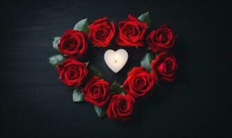 AI generated Heart of red roses and a burning candle on a dark wooden background photo