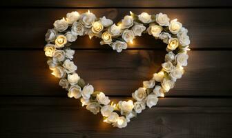 AI generated Heart shape made of white roses and garland lights on wooden background photo