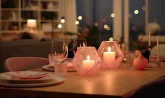 AI generated Beautiful table setting with burning candles in modern living room at night photo