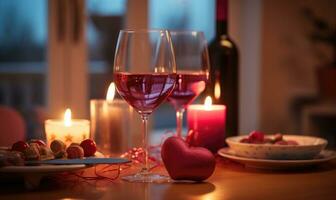 AI generated Valentine's day greeting card. Two glasses of wine, two hearts and candles on a background of bokeh photo