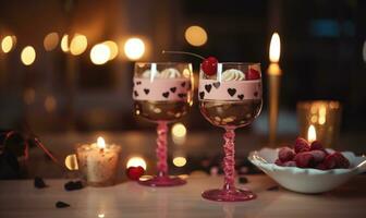 AI generated Glasses with delicious tiramisu dessert and burning candles on blurred background photo