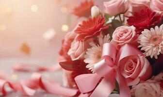 AI generated Bouquet of pink flowers with ribbons on a light background photo