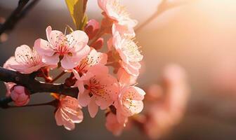 AI generated Blossoming branch of peach in the rays of the setting sun photo