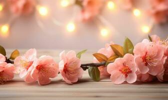 AI generated Blossoming branch of peach on a wooden background with copy space photo