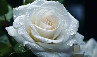 AI generated Beautiful white rose with water drops on petals close-up photo