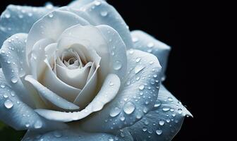 AI generated Beautiful white rose with water drops on petals close-up photo