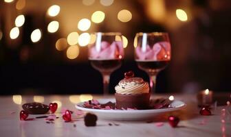 AI generated Glasses with delicious raspberry dessert on table in room decorated with lights photo