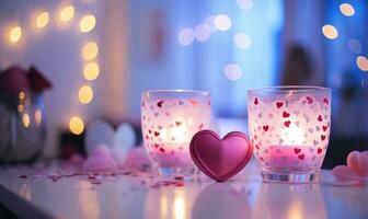 ai generado ardiente velas en habitación decorado para San Valentín día, de cerca foto