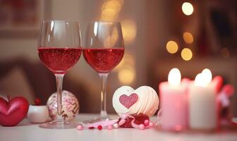 AI generated Two glasses of rose wine and two heart-shaped chocolate candies photo