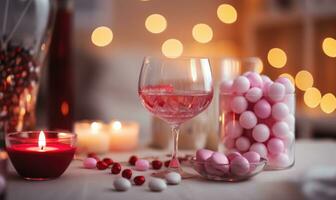AI generated Candles and heart-shaped candies on table in living room photo