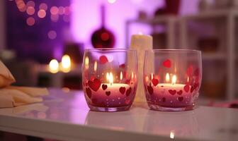 AI generated Burning candles in room decorated for Valentine's Day, closeup photo