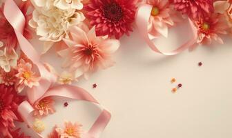 AI generated Top view of pink chrysanthemum and ribbon on white background photo