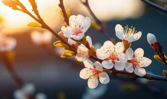 AI generated Blossoming branch of peach in the rays of the setting sun photo