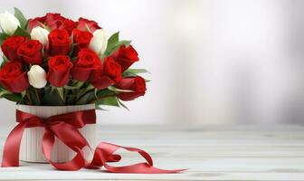 AI generated Bouquet of beautiful flowers with ribbon on wooden table, closeup photo