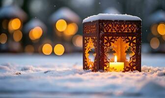 AI generated Christmas lantern with snow and bokeh background. Festive decoration. photo