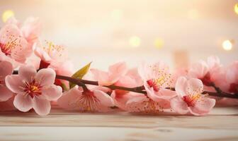 AI generated Blossoming branch of peach on a wooden background with copy space photo