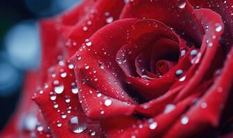 AI generated Beautiful red rose with water drops close-up on a dark background photo