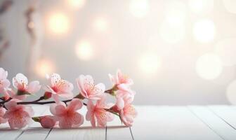 AI generated Blossoming branch of peach on a wooden background with copy space photo