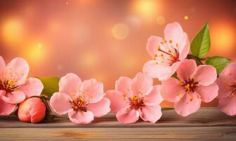 AI generated Blossoming branch of peach on a wooden background with copy space photo