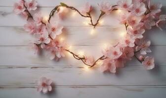 ai generado San Valentín día antecedentes con rosado melocotón flores corazón conformado ligero bombillas foto