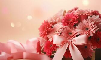 AI generated Bouquet of pink flowers with ribbons on a light background photo