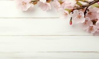 AI generated peach blossom on wooden background with copy space for your text photo